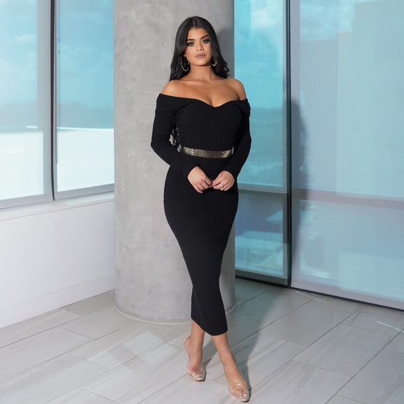 SOLD OUT Black Long Sleeve Ribbed Knit Dress - Picture 2 of 7